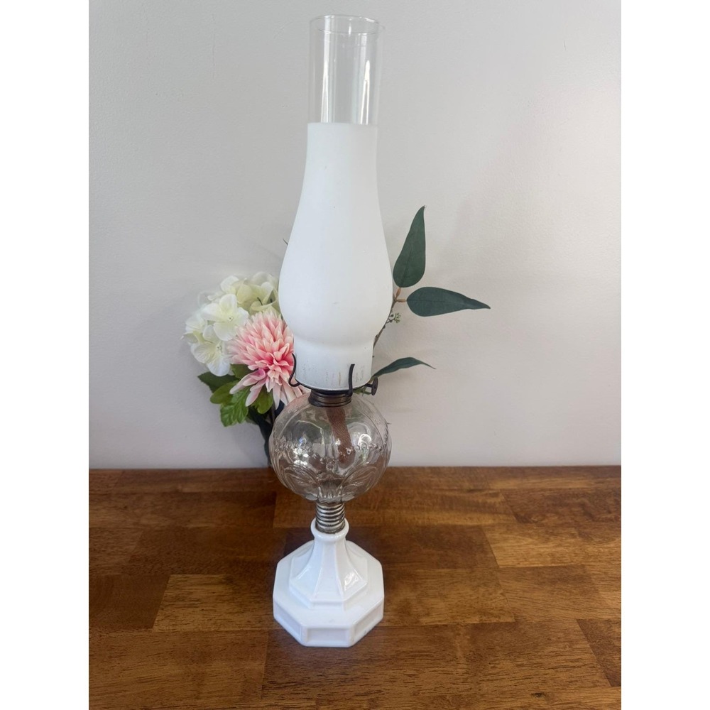 Antique Uranium Glass Oil Lamp UV Reactive White Milk Glass Victorian Lamp Decor